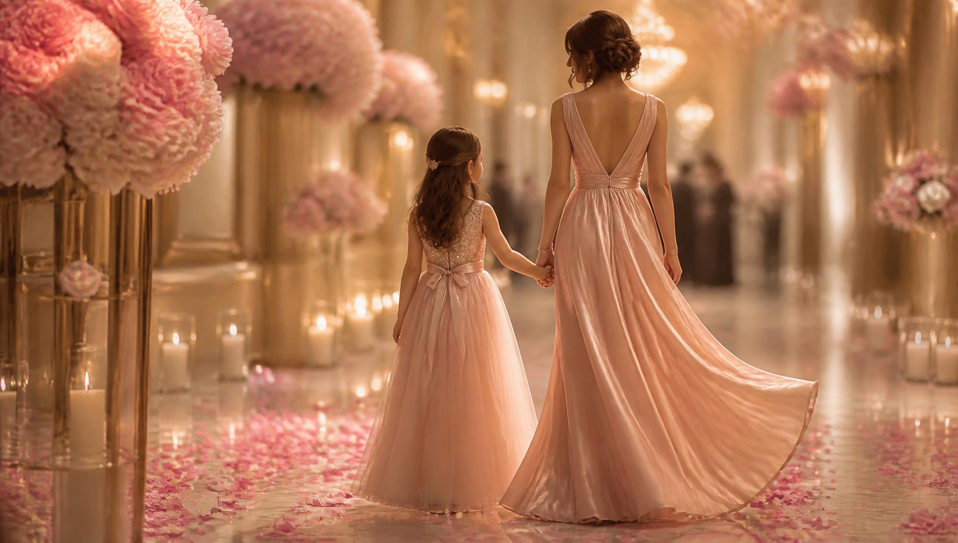 Elegant mother and daughter walking together in a beautifully lit ballroom